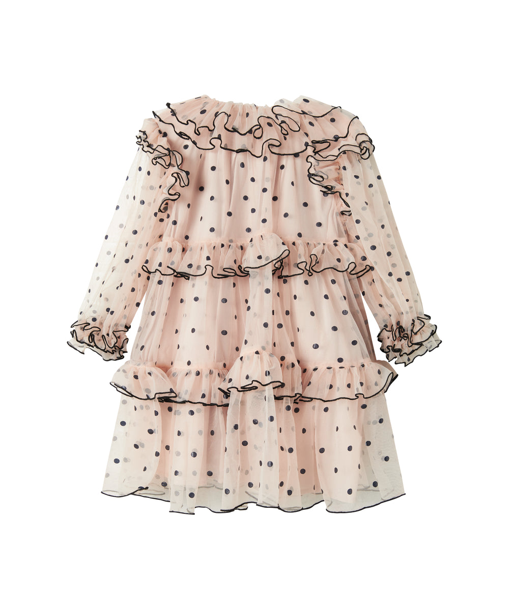 Lys beige langærmet festkjole i tyl med sorte prikker og flæsedetaljer til børn