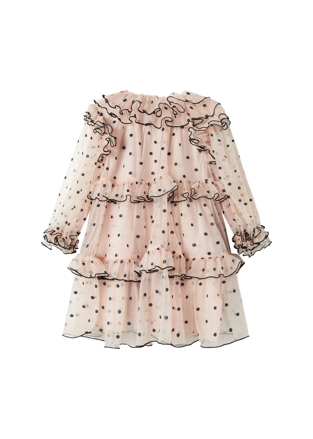 Lys beige langærmet festkjole i tyl med sorte prikker og flæsedetaljer til børn