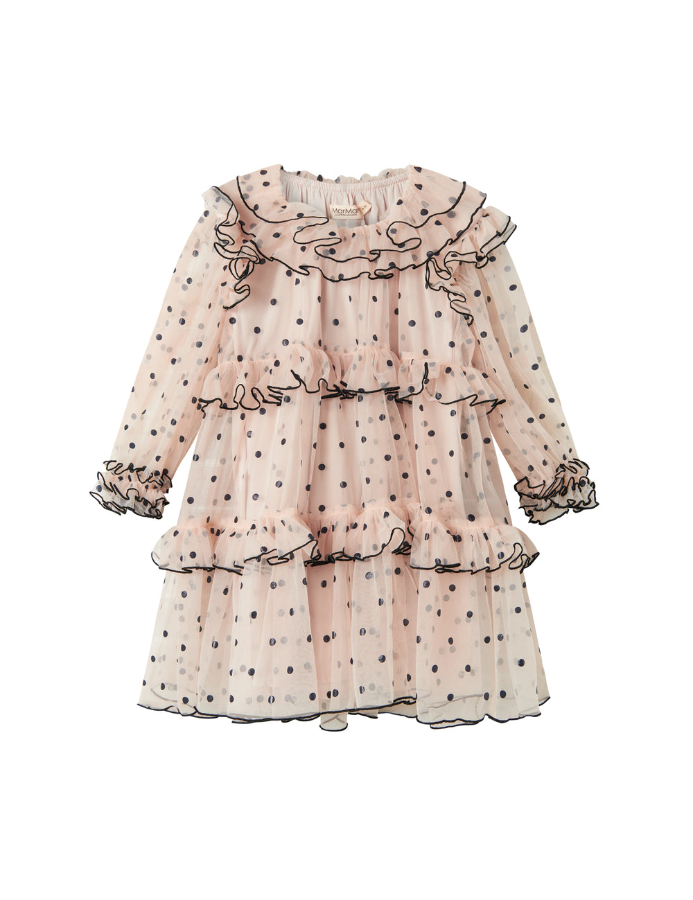 Lys beige langærmet festkjole i tyl med sorte prikker og flæsedetaljer til børn