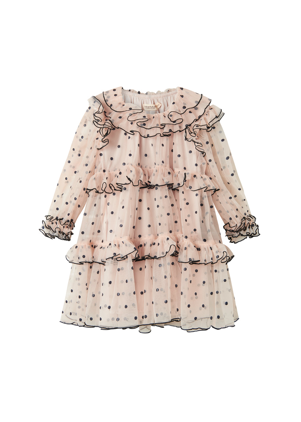 Lys beige langærmet festkjole i tyl med sorte prikker og flæsedetaljer til børn