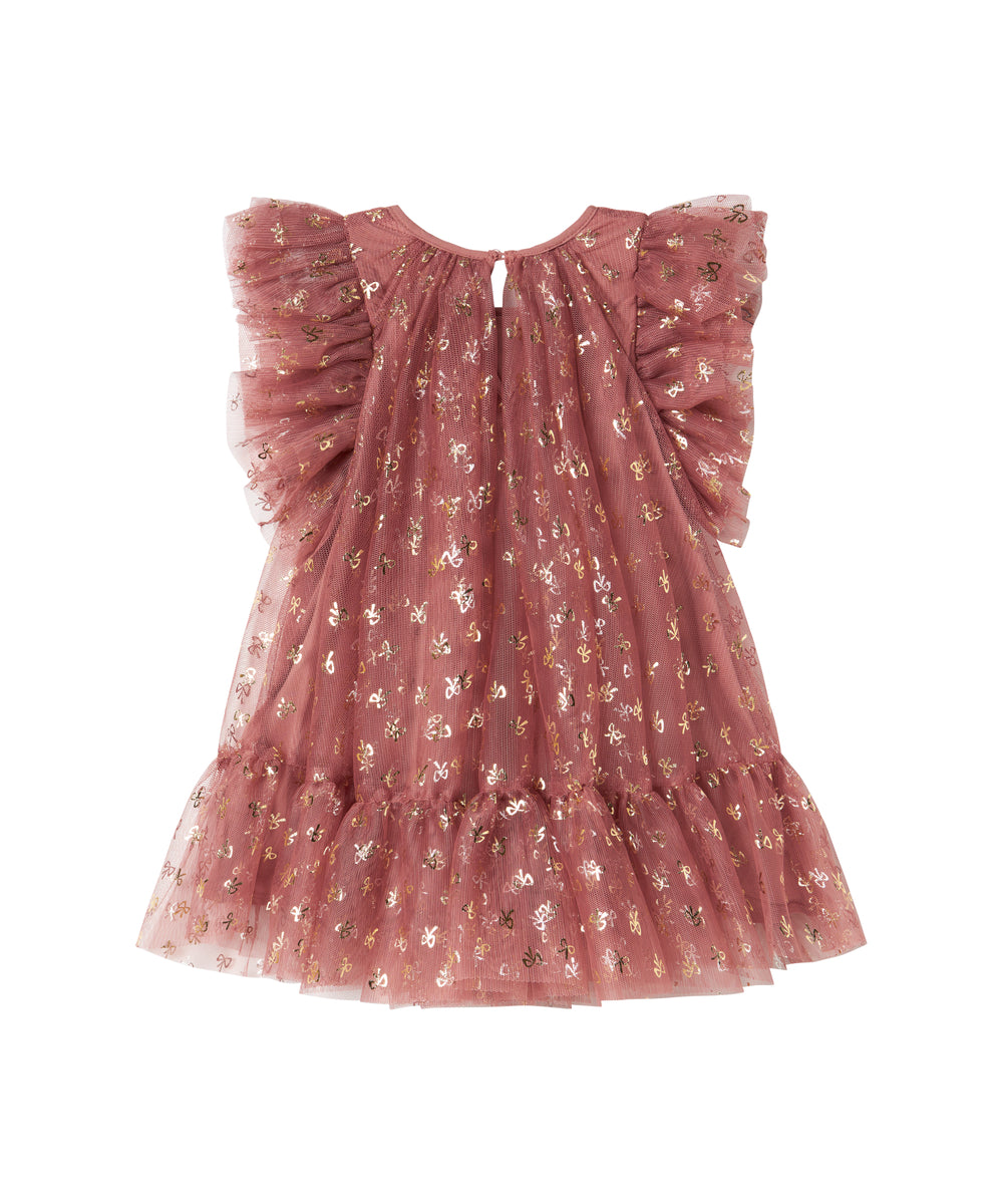 Rosa festlig babykjole i tyl med flæser og guldprint