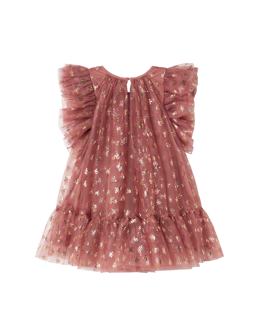 Rosa festlig babykjole i tyl med flæser og guldprint