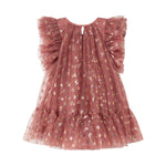 Rosa festlig babykjole i tyl med flæser og guldprint