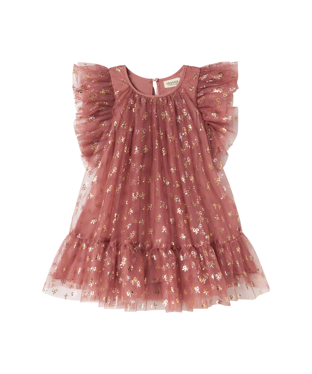 Rosa festlig babykjole i tyl med flæser og guldprint