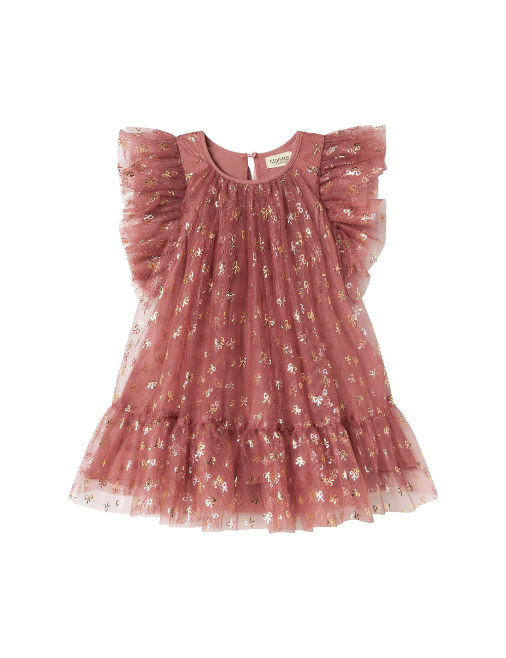 Pink festive baby dress in tulle with ruffles and gold print