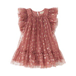 Rosa festlig babykjole i tyl med flæser og guldprint
