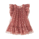 Rosa festlig babykjole i tyl med flæser og guldprint