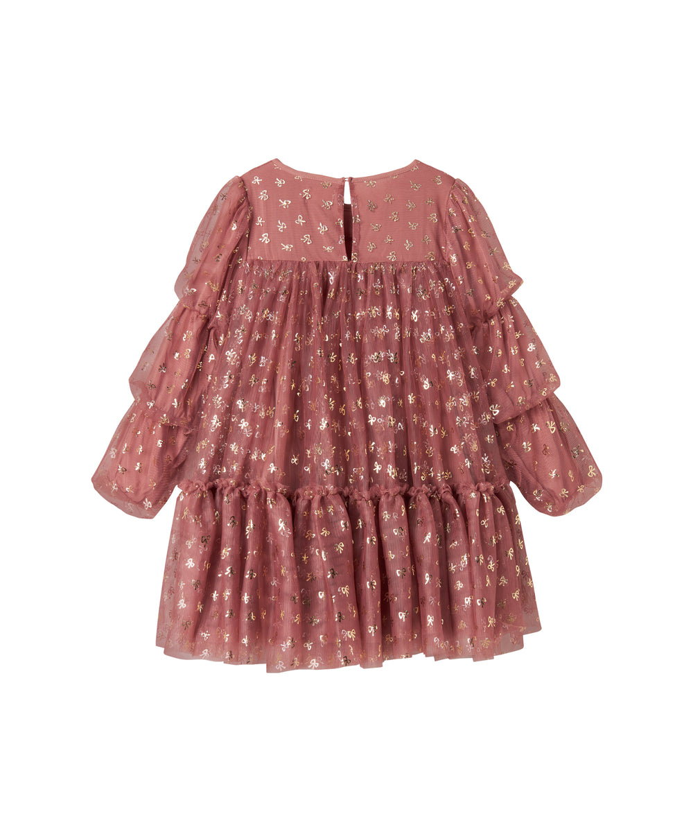 Rosa festkjole i tyl med guldprint og lange ærmer til børn