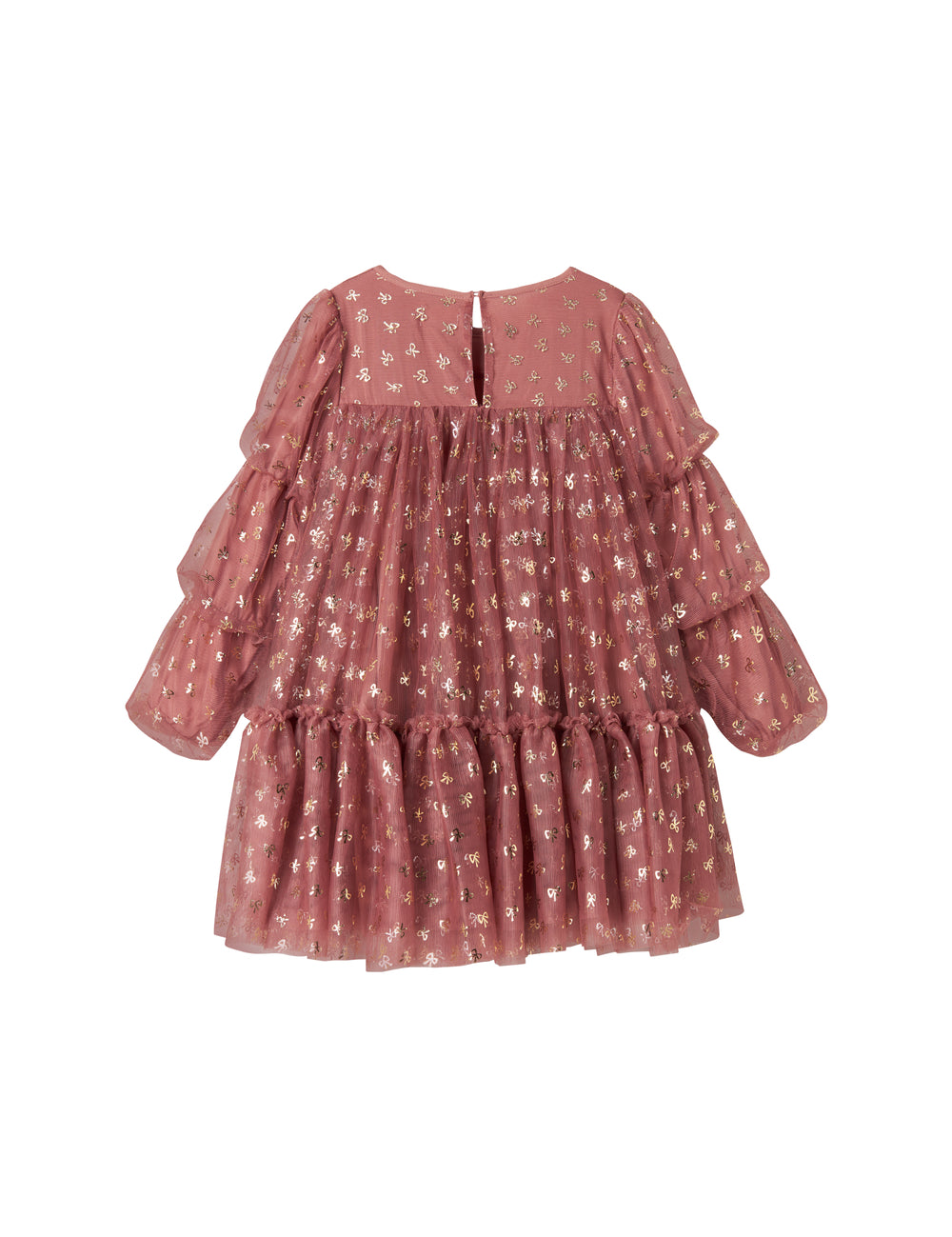 Rosa festkjole i tyl med guldprint og lange ærmer til børn