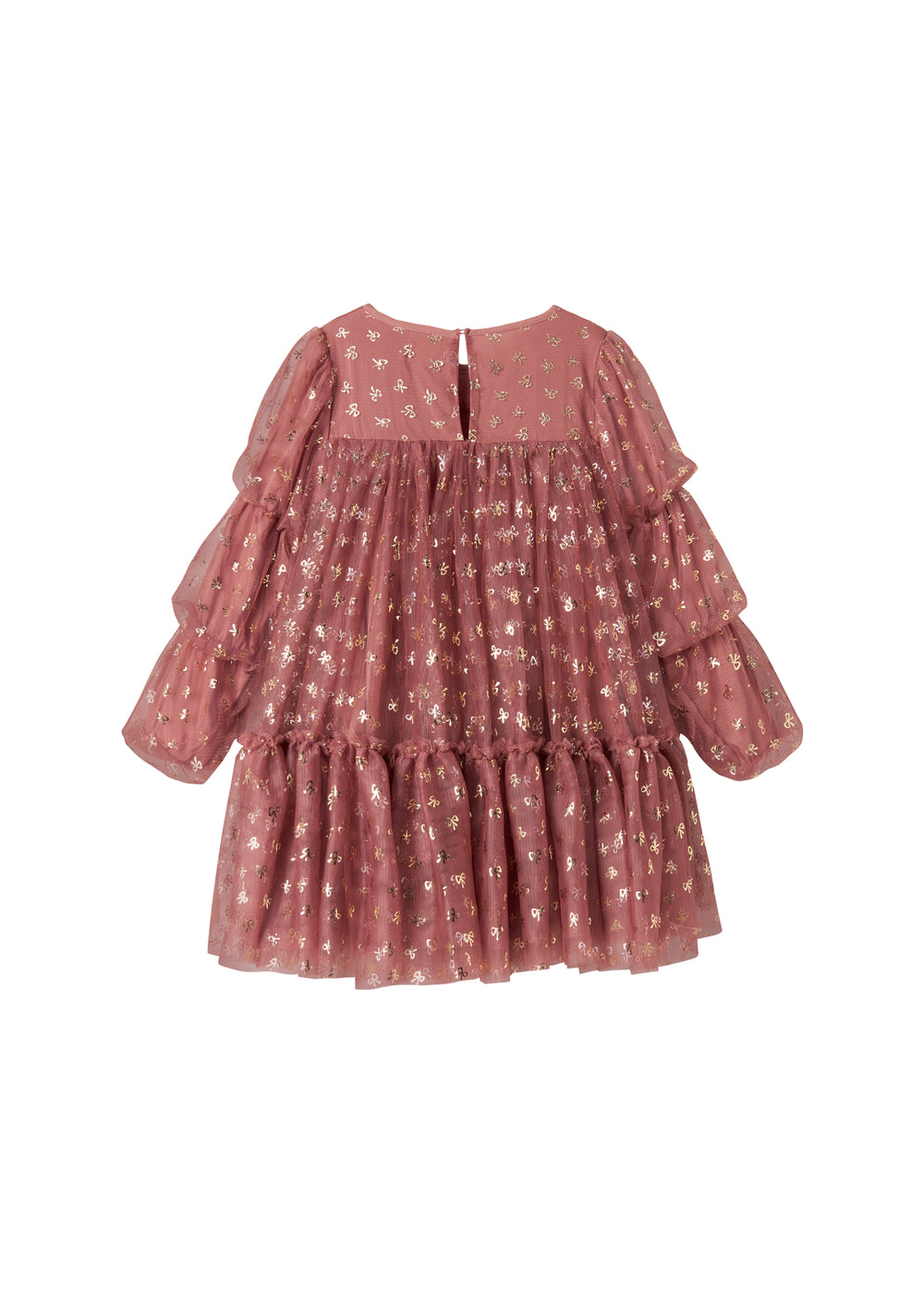 Rosa festkjole i tyl med guldprint og lange ærmer til børn