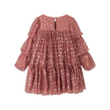 Rosa festkjole i tyl med guldprint og lange ærmer til børn