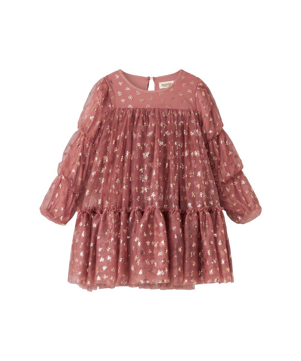 Rosa festkjole i tyl med guldprint og lange ærmer til børn