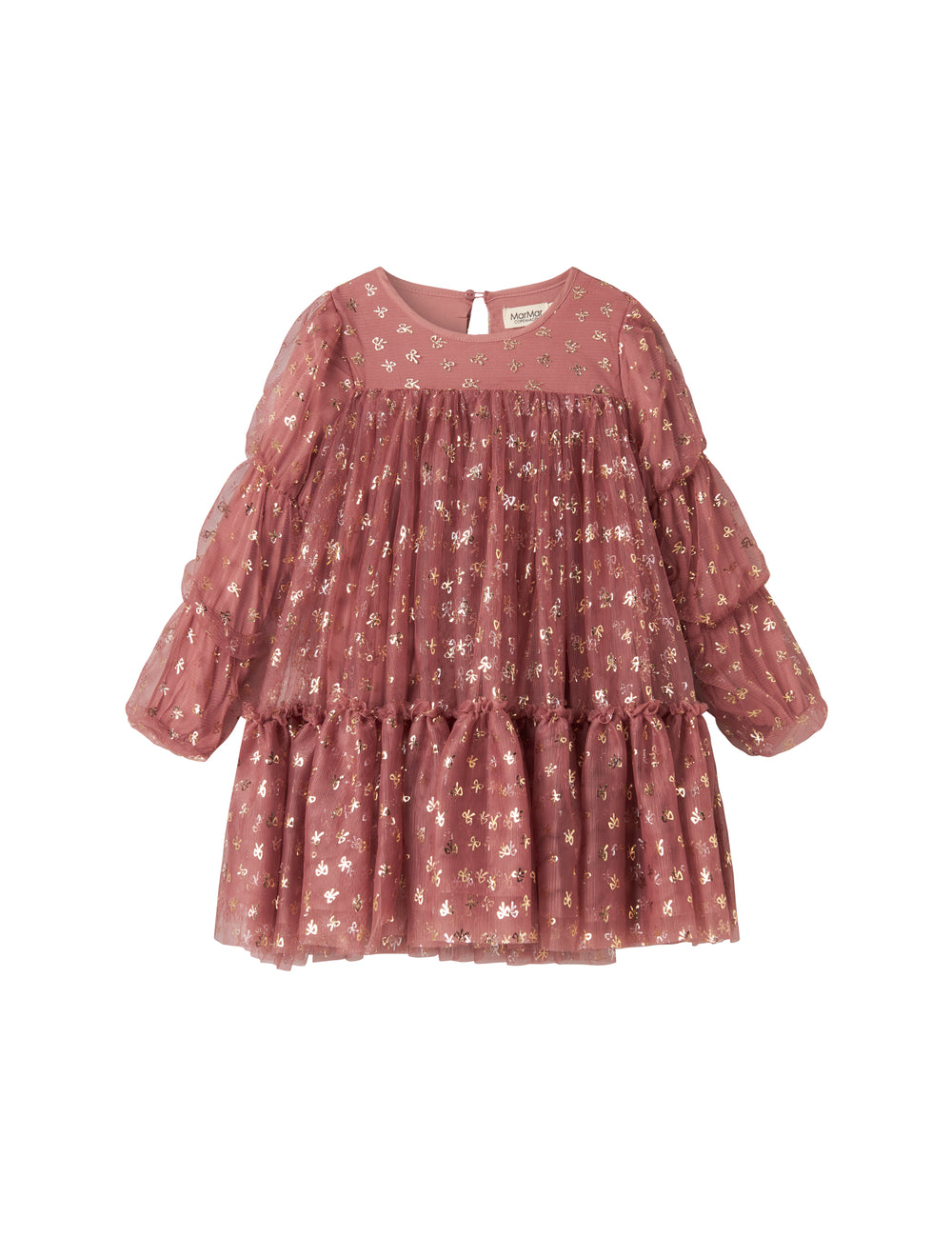 Rosa festkjole i tyl med guldprint og lange ærmer til børn
