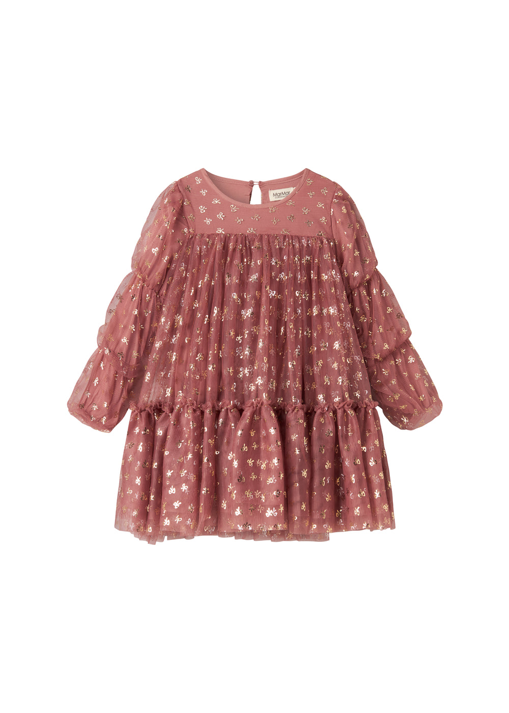 Rosa festkjole i tyl med guldprint og lange ærmer til børn