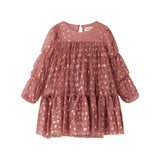 Rosa festkjole i tyl med guldprint og lange ærmer til børn