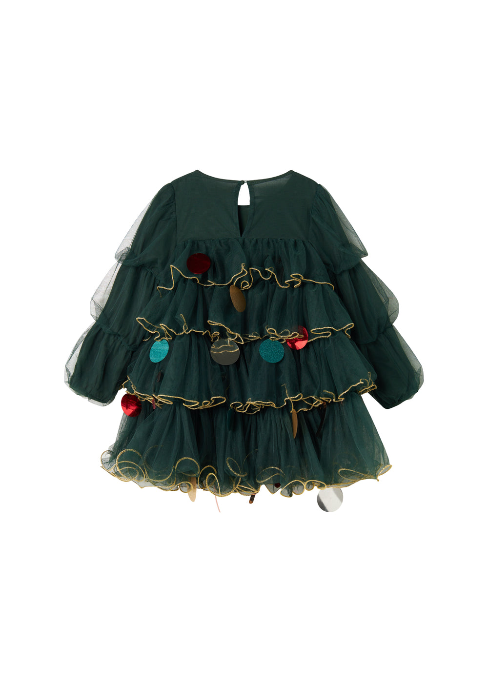 Mørkegrøn julekjole i tyl med guldkanter og pyntedetaljer til børn