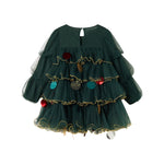 Mørkegrøn julekjole i tyl med guldkanter og pyntedetaljer til børn