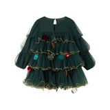 Mørkegrøn julekjole i tyl med guldkanter og pyntedetaljer til børn