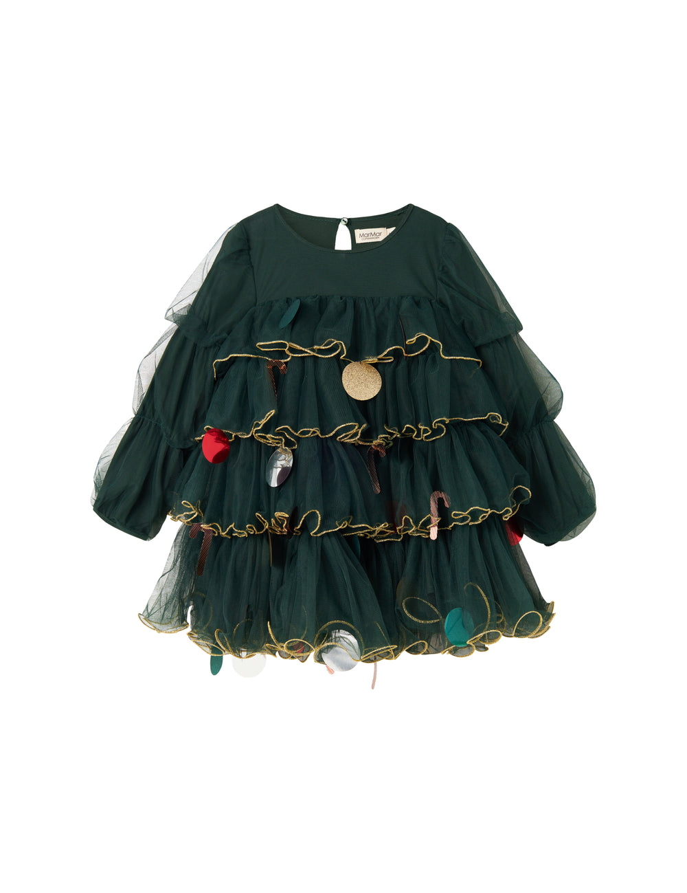 Mørkegrøn julekjole i tyl med guldkanter og pyntedetaljer til børn