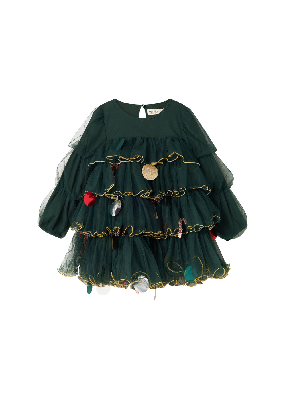 Mørkegrøn julekjole i tyl med guldkanter og pyntedetaljer til børn
