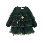 Mørkegrøn julekjole i tyl med guldkanter og pyntedetaljer til børn