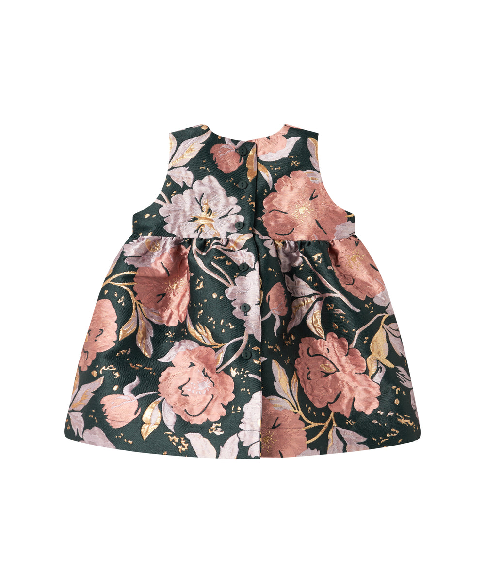Mørkegrøn ærmeløs festkjole med store blomster og sløjfedetalje til baby
