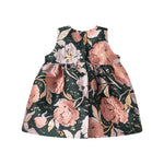 Mørkegrøn ærmeløs festkjole med store blomster og sløjfedetalje til baby