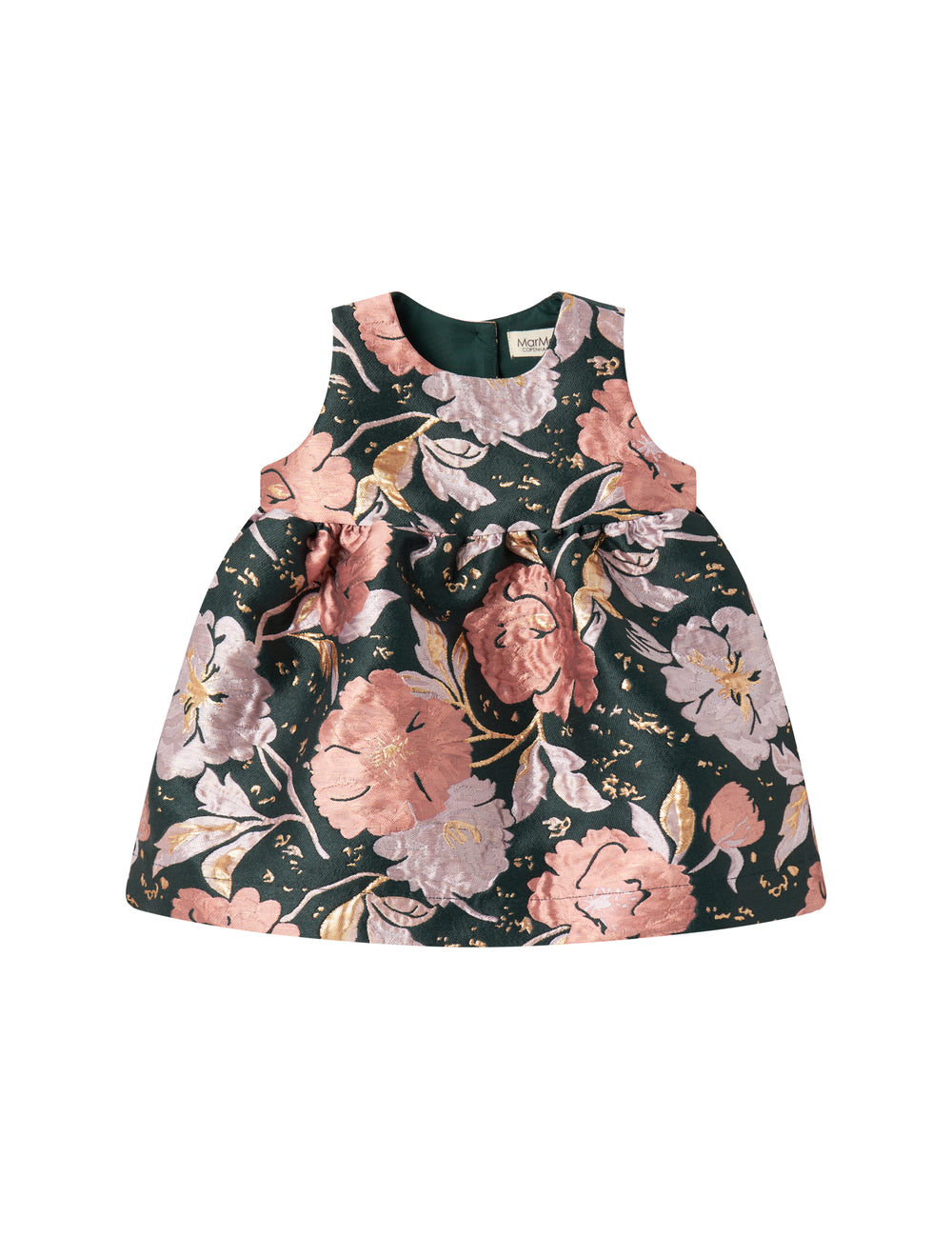 Close-up of dark green shiny fabric with floral print and golden details on baby's party dress