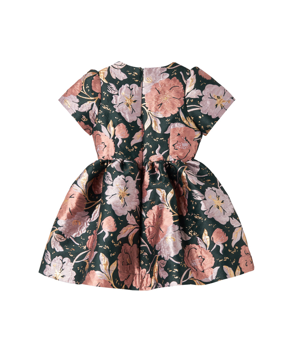 Mørkegrøn festkjole med store blomster og glansfuldt stof til børn