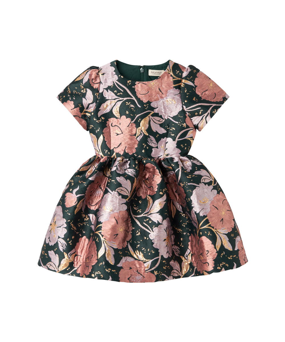 Mørkegrøn festkjole med store blomster og glansfuldt stof til børn