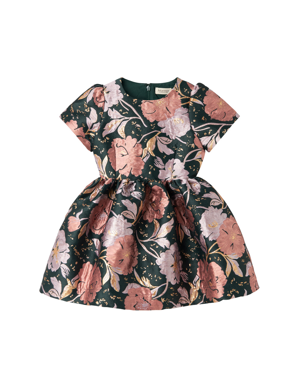 Mørkegrøn festkjole med store blomster og glansfuldt stof til børn