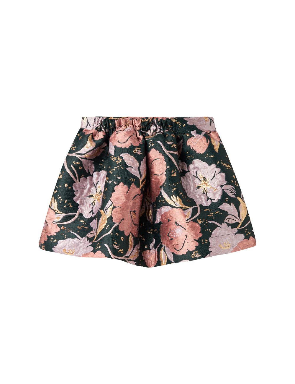 Kort mørkegrøn nederdel med store blomster og sløjfedetalje til børn