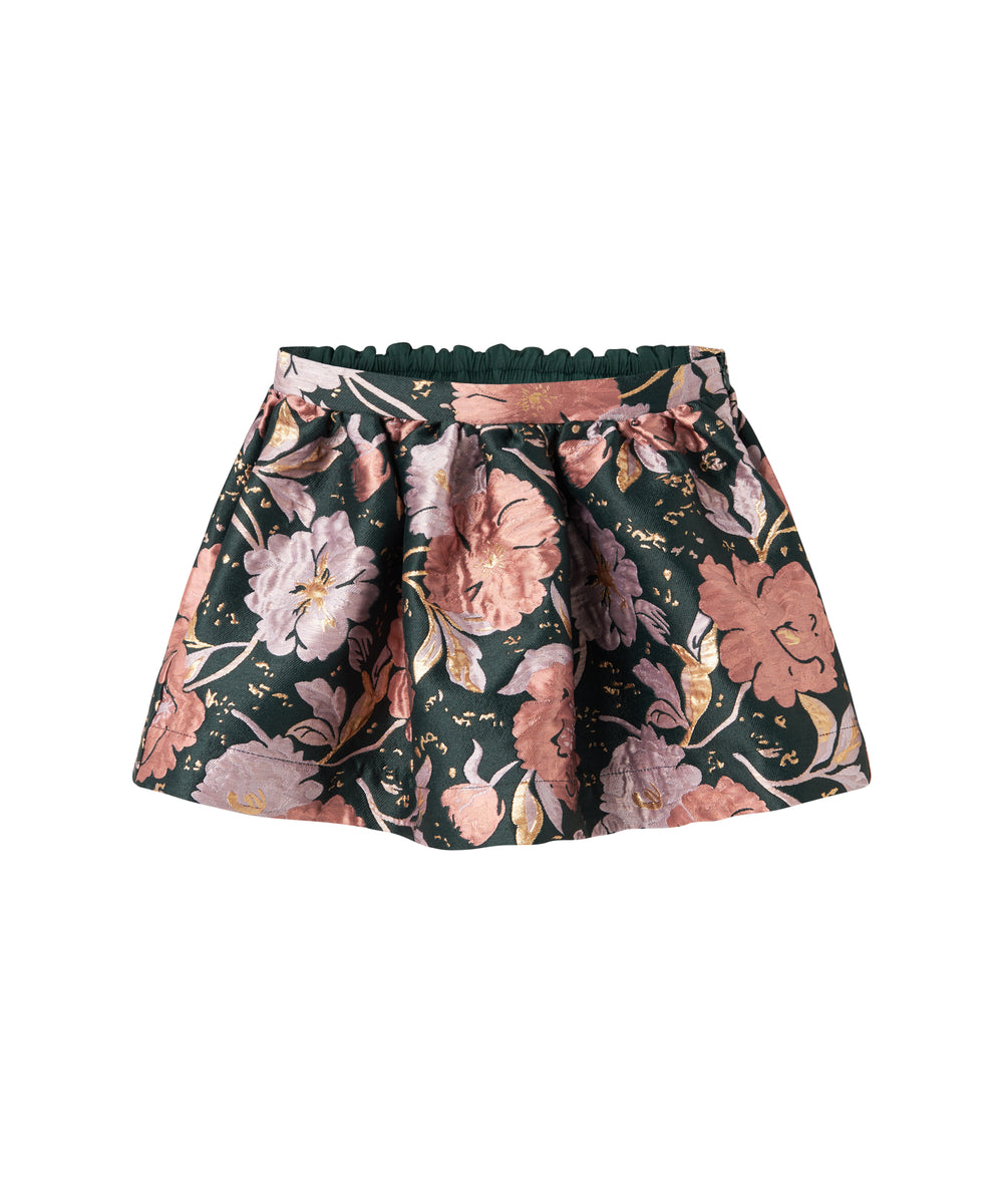 Kort mørkegrøn nederdel med store blomster og sløjfedetalje til børn