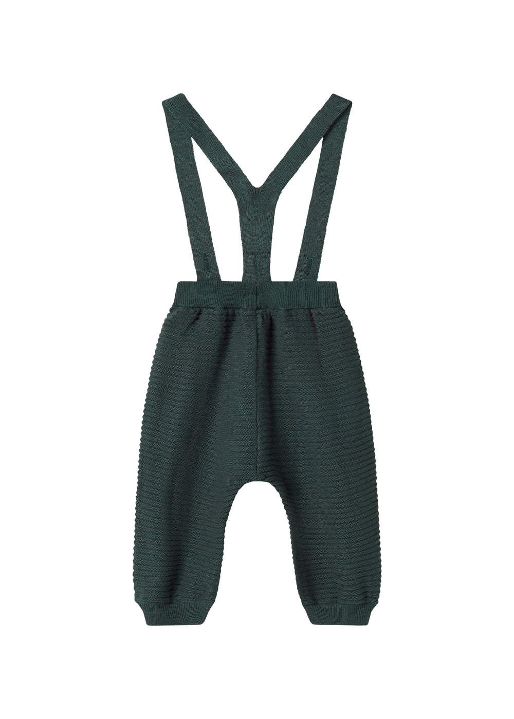 Mørkegrønne strikkede bukser med seler og fine knapper til baby