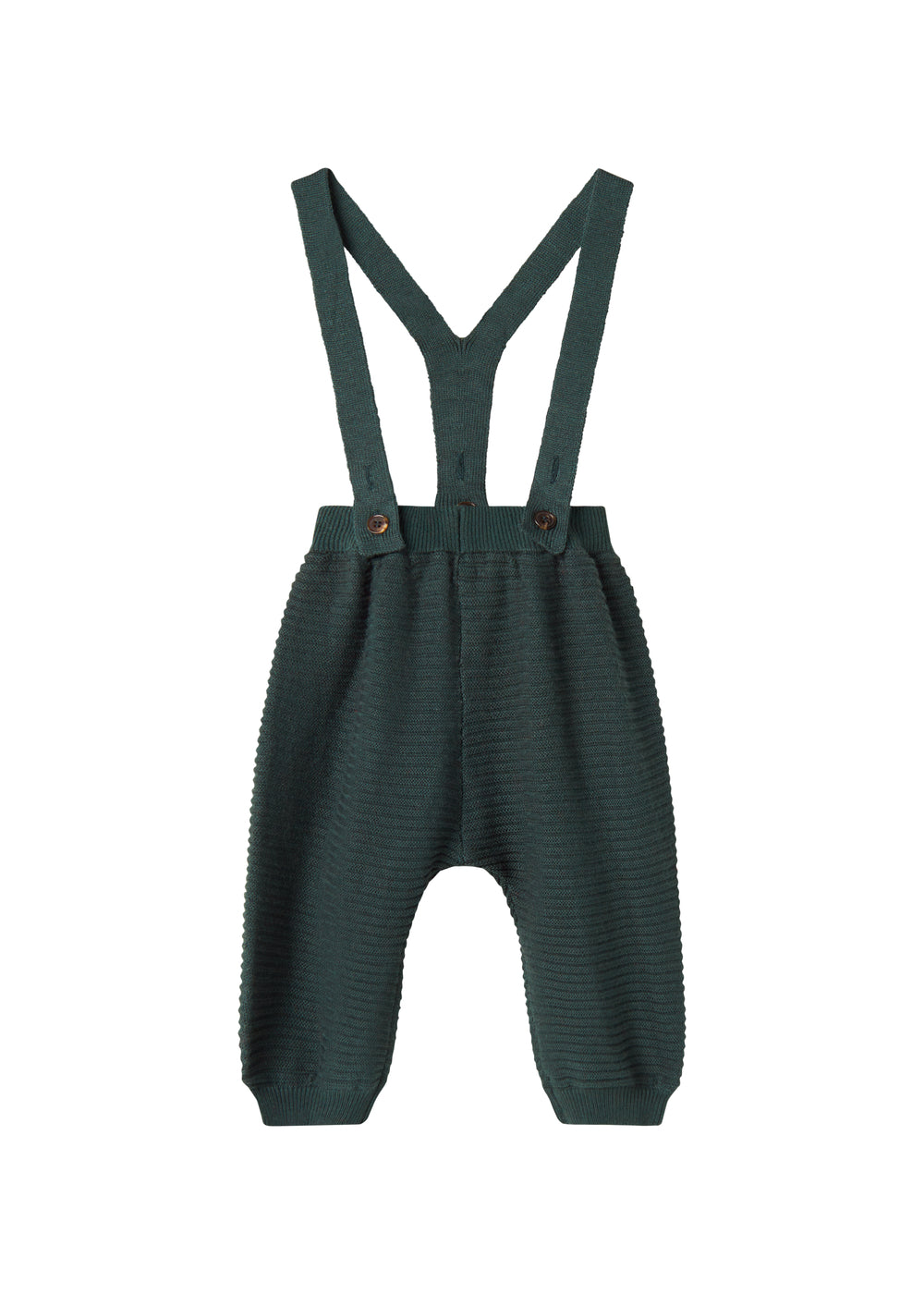 Mørkegrønne strikkede bukser med seler og fine knapper til baby