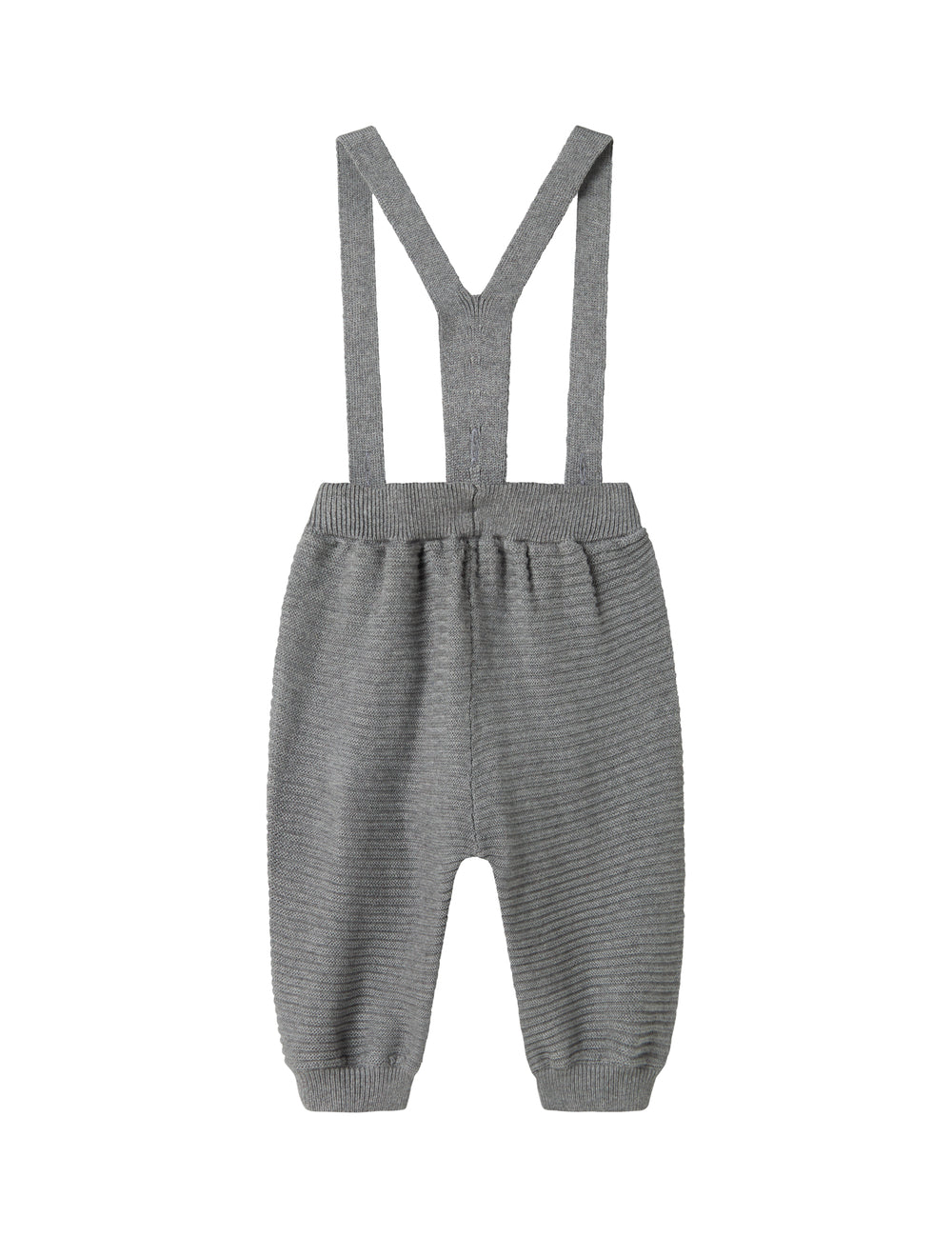 Grå strikkede bukser med seler og fine knapper til baby