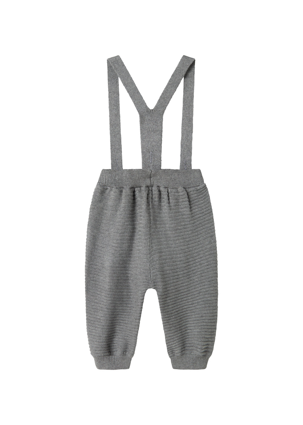 Grå strikkede bukser med seler og fine knapper til baby