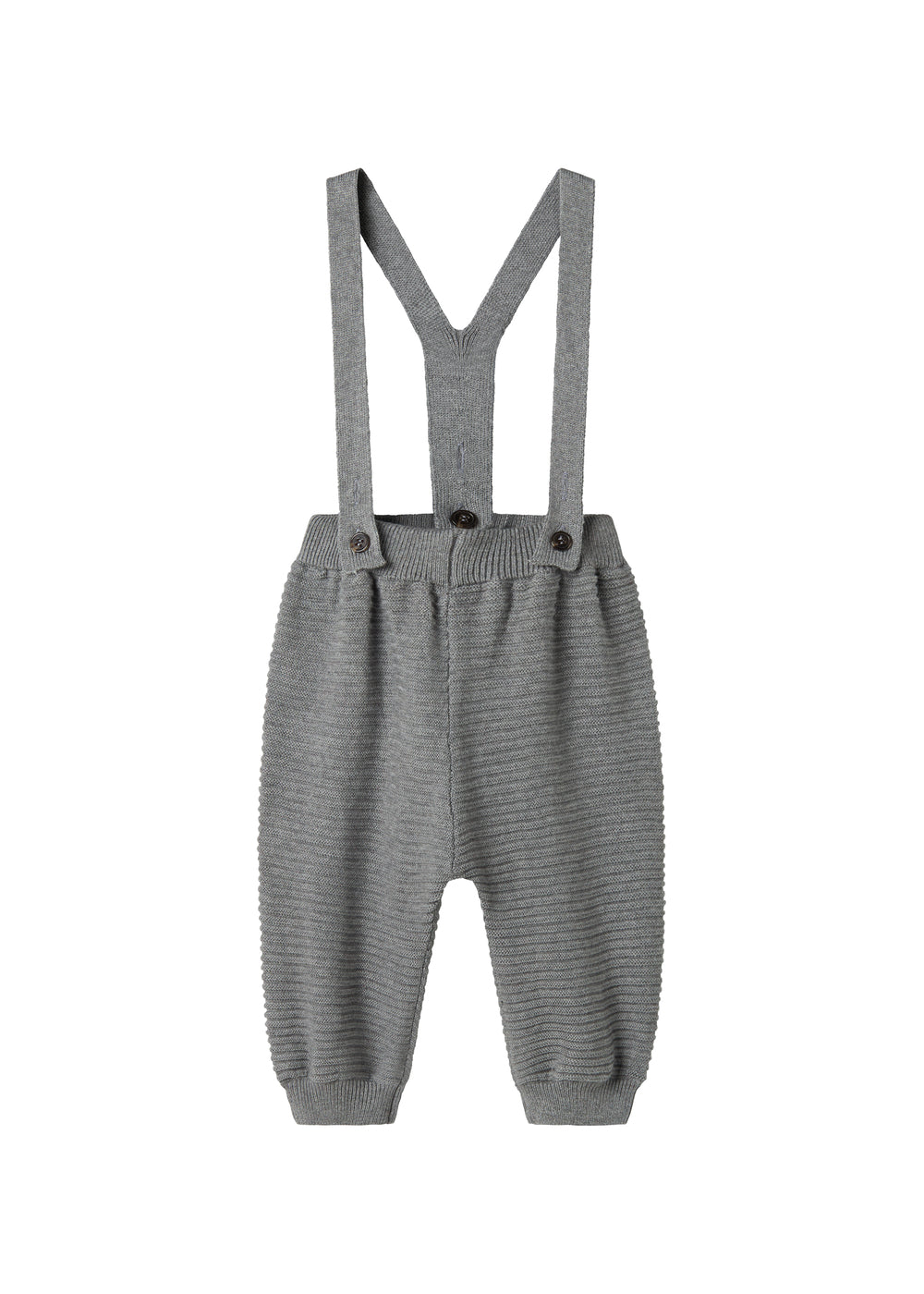 Grå strikkede bukser med seler og fine knapper til baby