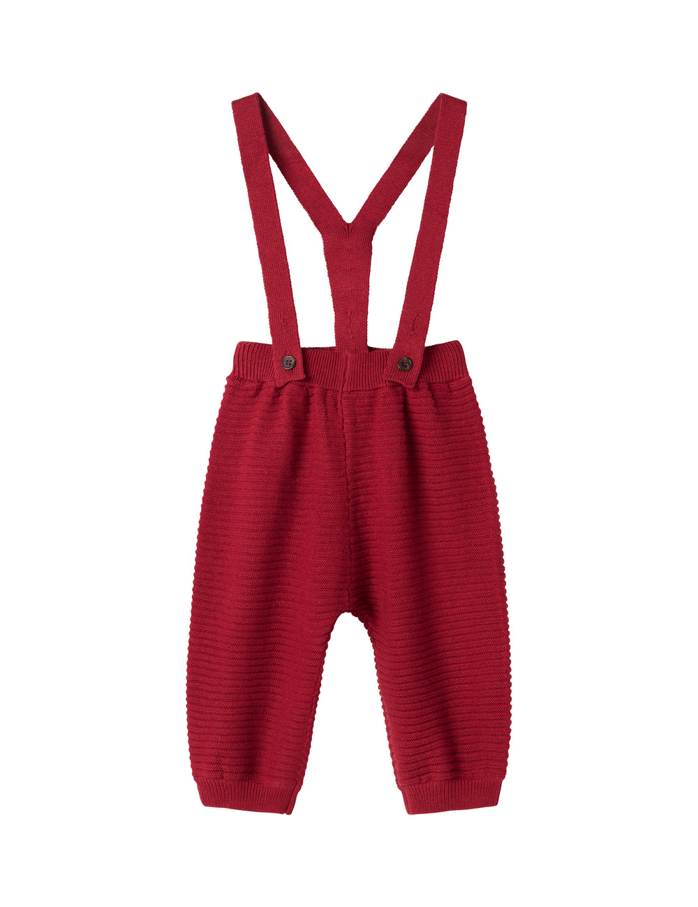 Red knitted pants with suspenders and pretty buttons for baby