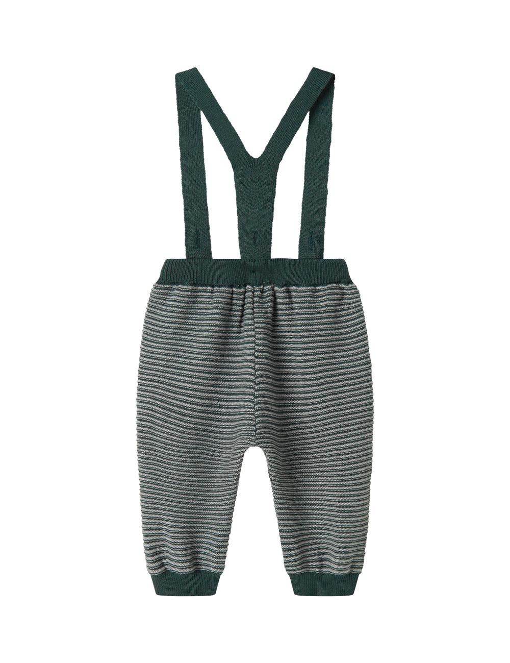 Mørkegrønne strikkede bukser med seler og fine striber til baby