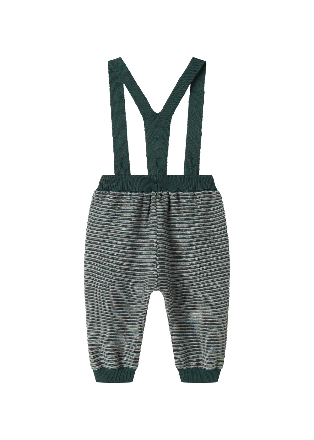 Mørkegrønne strikkede bukser med seler og fine striber til baby