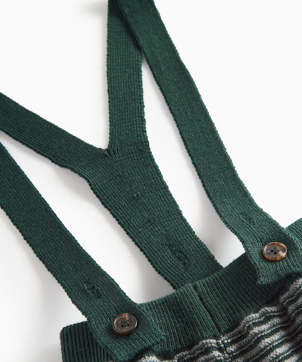 Mørkegrønne strikkede bukser med seler og fine striber til baby