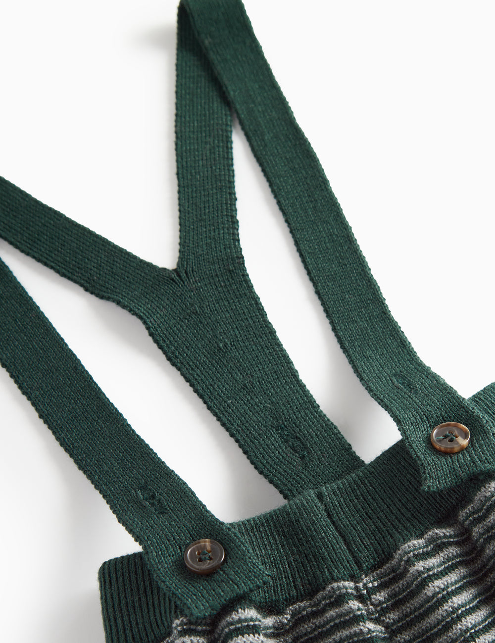 Dark green knitted pants with suspenders and fine stripes for baby