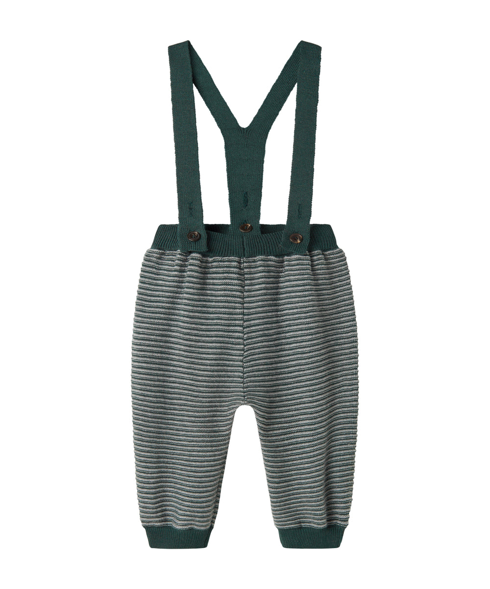 Mørkegrønne strikkede bukser med seler og fine striber til baby