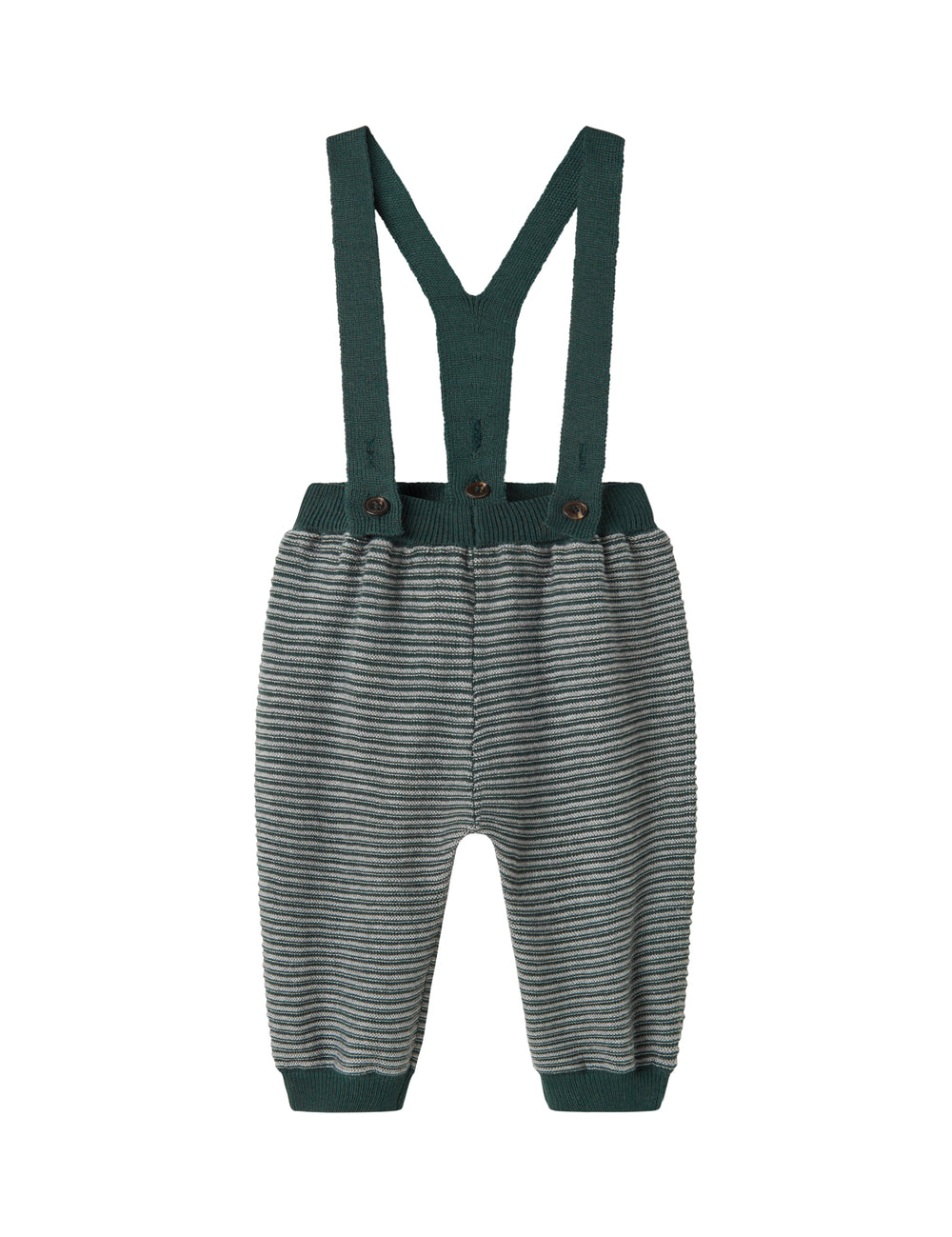Dark green knitted pants with suspenders and fine stripes for baby