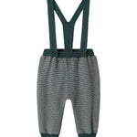 Mørkegrønne strikkede bukser med seler og fine striber til baby