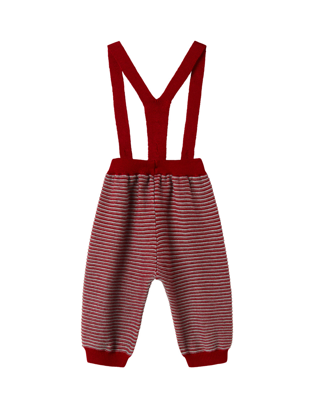 Strikkede bukser med røde og grå striber og seler til baby