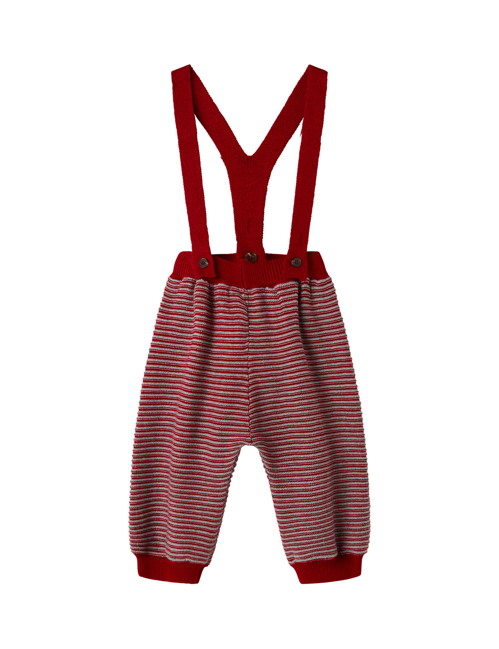 Knitted trousers with red and grey stripes and suspenders for baby