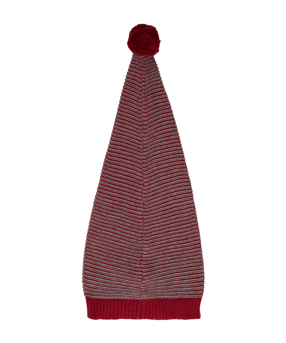 Strikket nissehue med røde og grå striber og kvast til børn