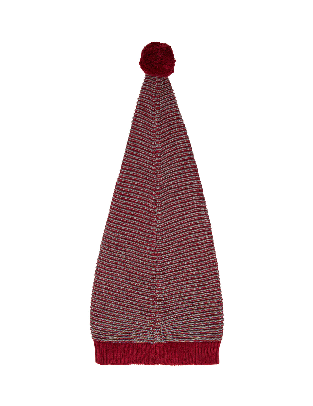 Strikket nissehue med røde og grå striber og kvast til børn
